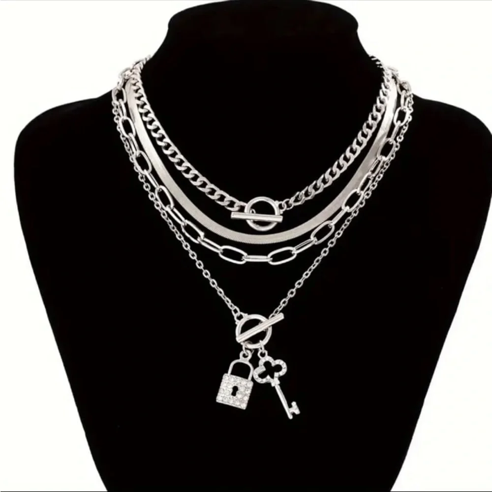 silver 4-piece minimalist snake chain necklace set rhinestones lock key pendant
